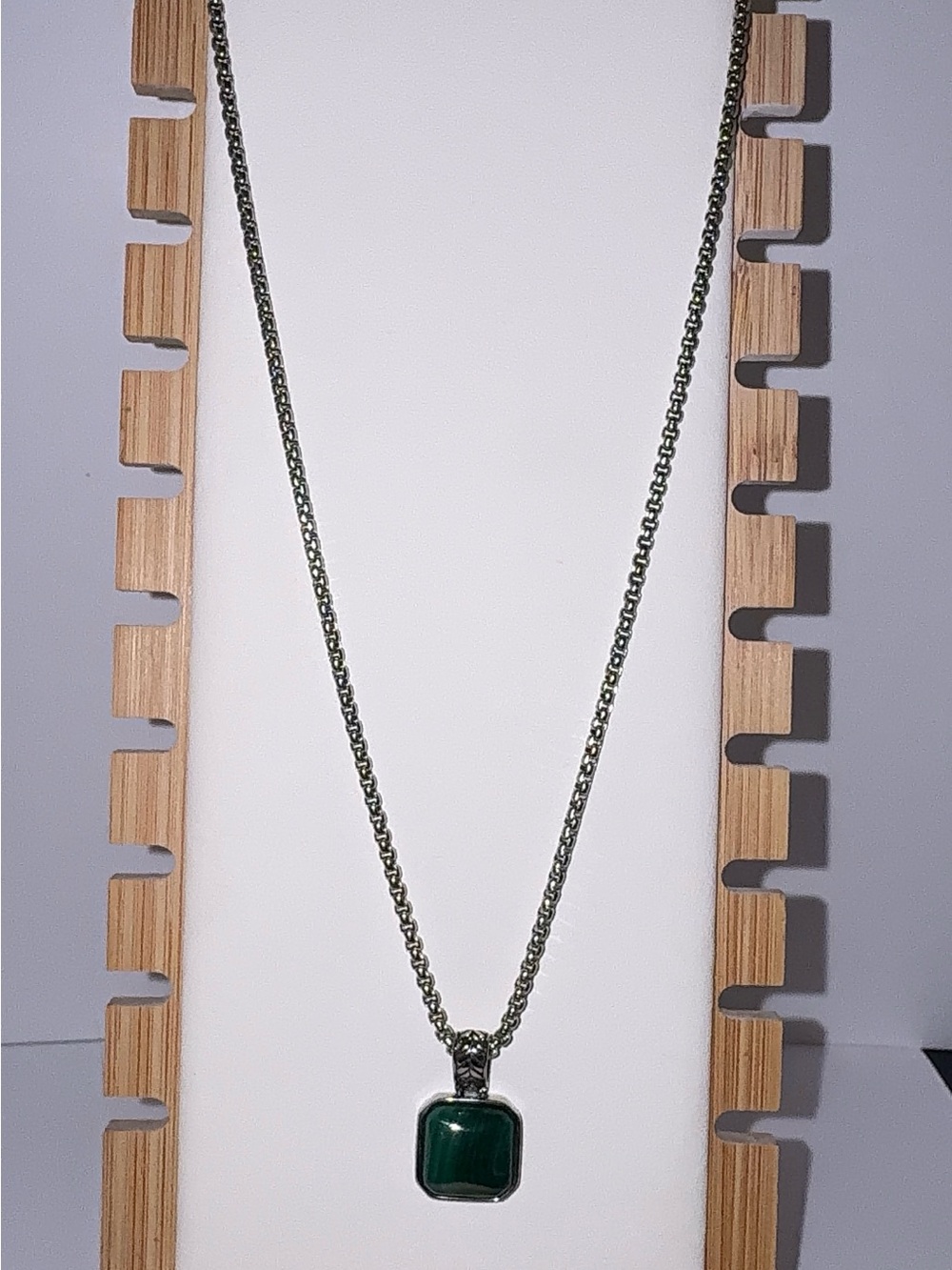 Men’s Green Malachite Pendant Necklace 24” Stainless Steel Box Chain